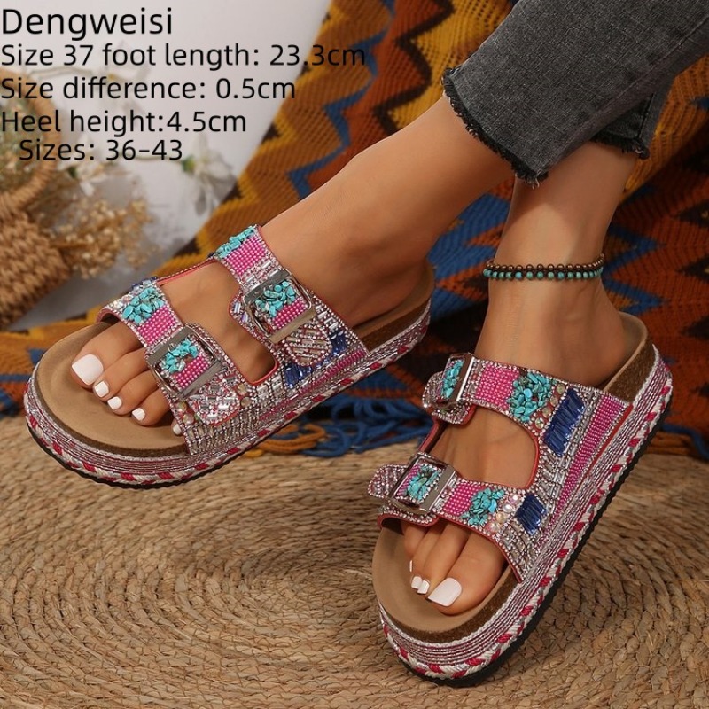 Cork Wedge Sandal - Sandalias de Plataforma con Cuentas Rosas